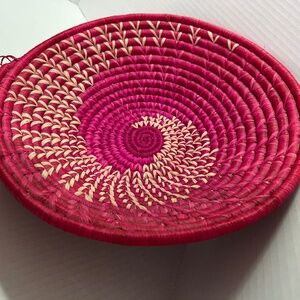 African Made Woven Basket Handmade Boho Wall Hanging Pink tan